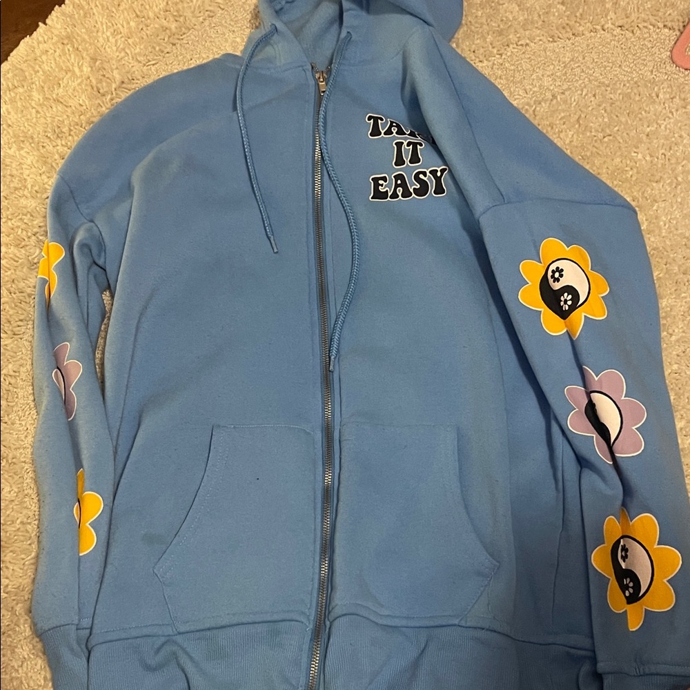 Light Blue 'Take It Easy' Floral Zip Hoodie